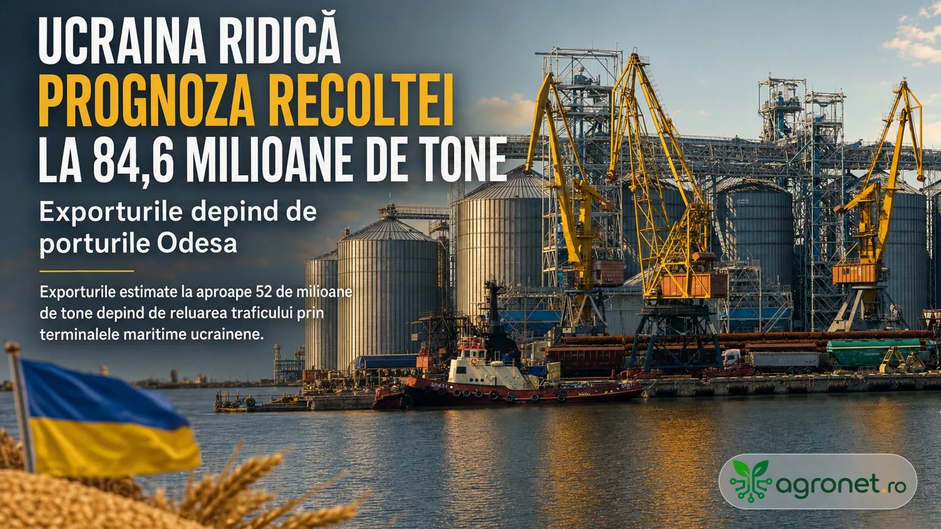 Macarale portuare și silozuri pentru cereale lângă apă, cu un steag ucrainean și spice de grâu în prim-plan.