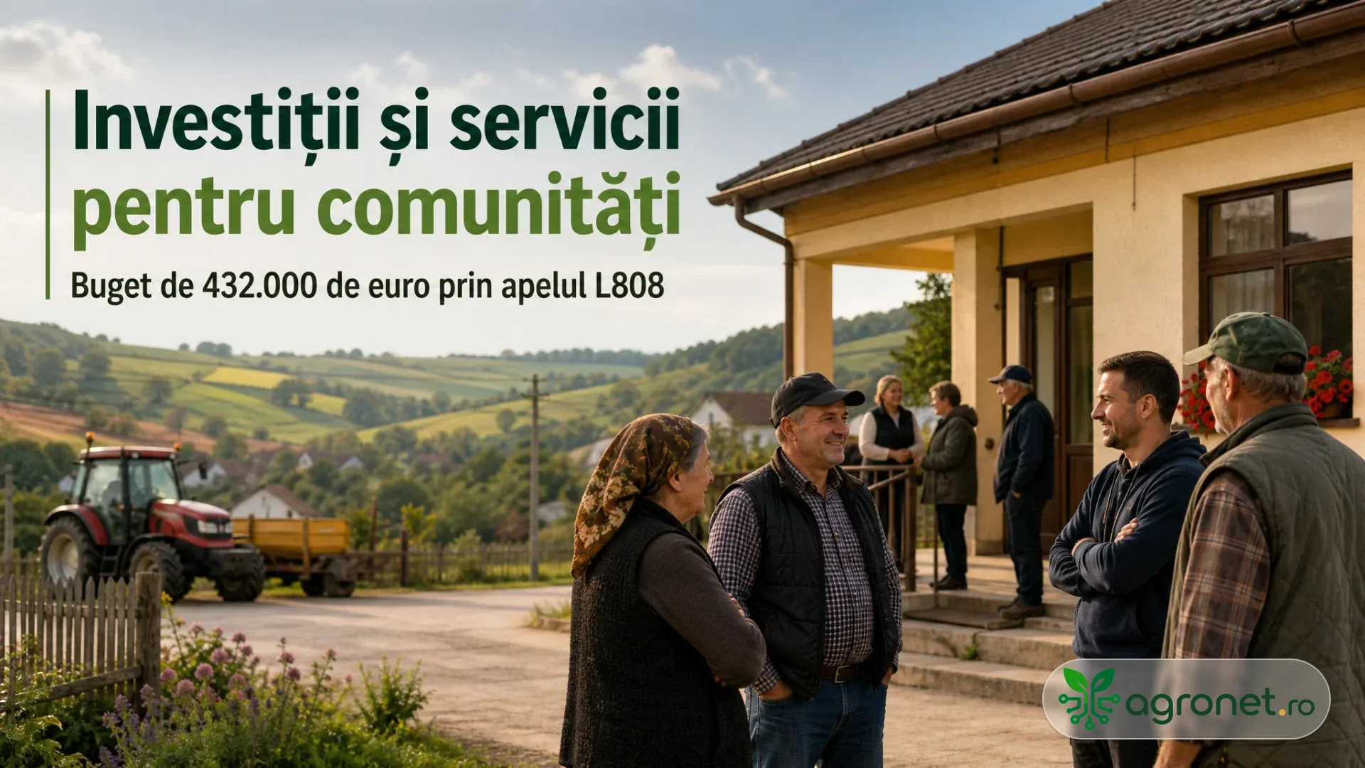 Imagine ilustrativă cu locuitori și lucrători într-o comunitate rurală, lângă o clădire destinată serviciilor locale.