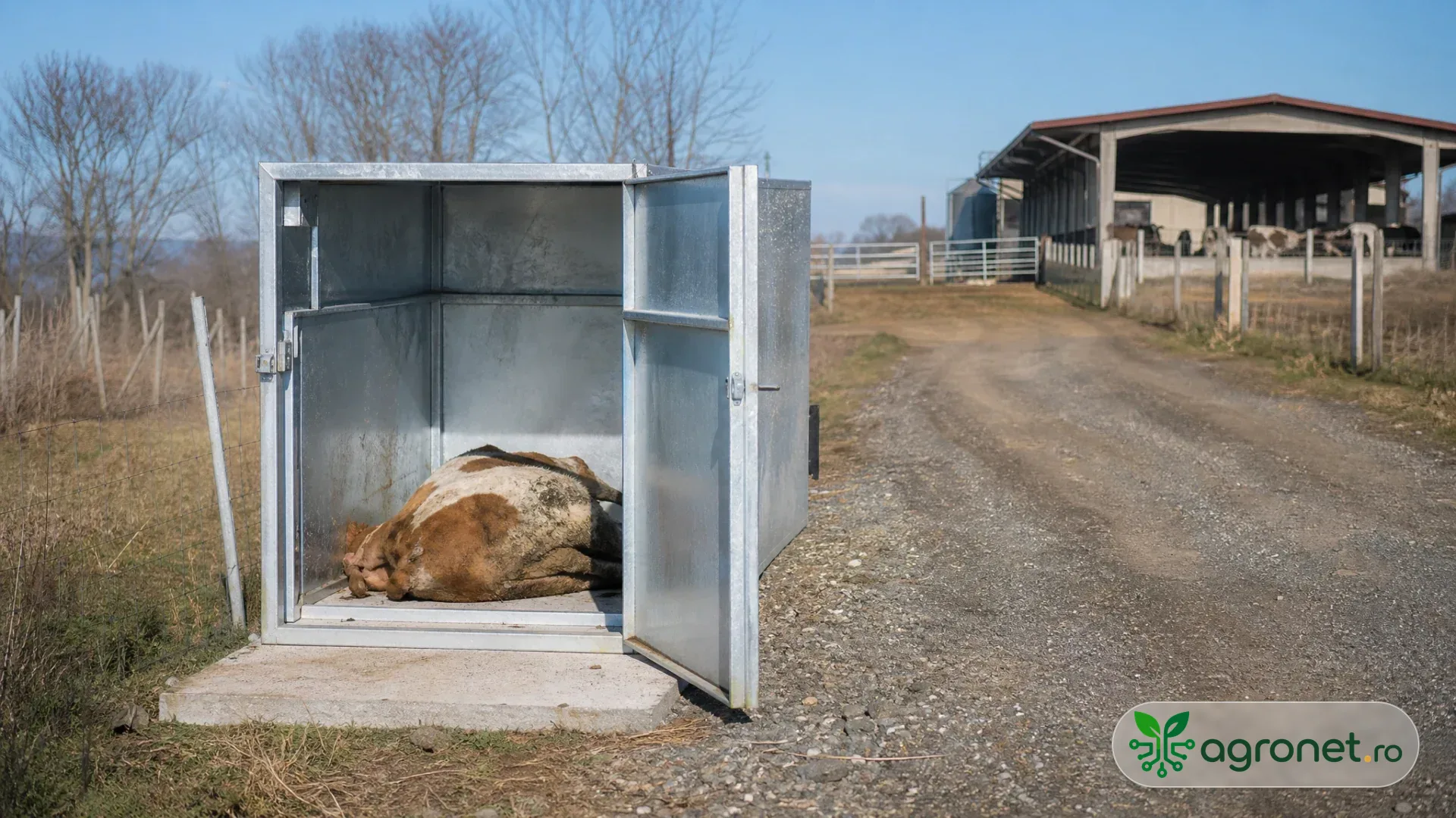 Punct de colectare închis, amplasat la marginea unei ferme de bovine, cu acces din exterior și grajd vizibil la distanță.