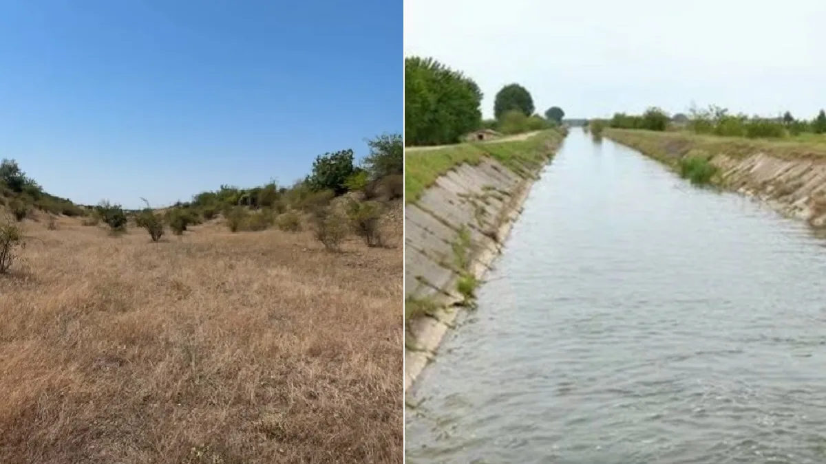 Teren agricol uscat lângă un canal de irigații cu apă
