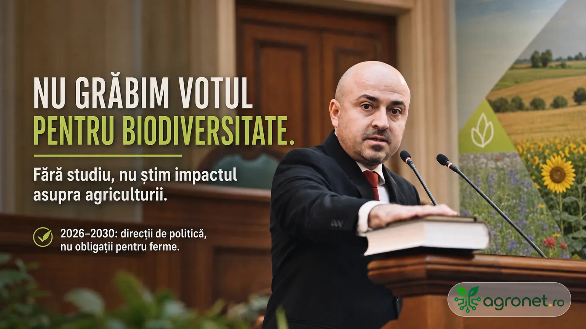 Bărbat în costum la un pupitru cu microfoane, într-o sală oficială, lângă un colaj cu teren agricol și flori.