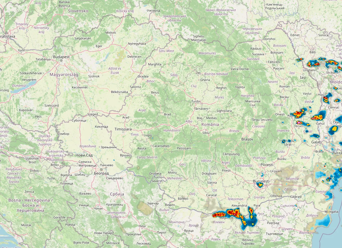 Hartă radar RainViewer cu precipitațiile din România pentru buletinul Meteo agricol România de la ora 21:00.