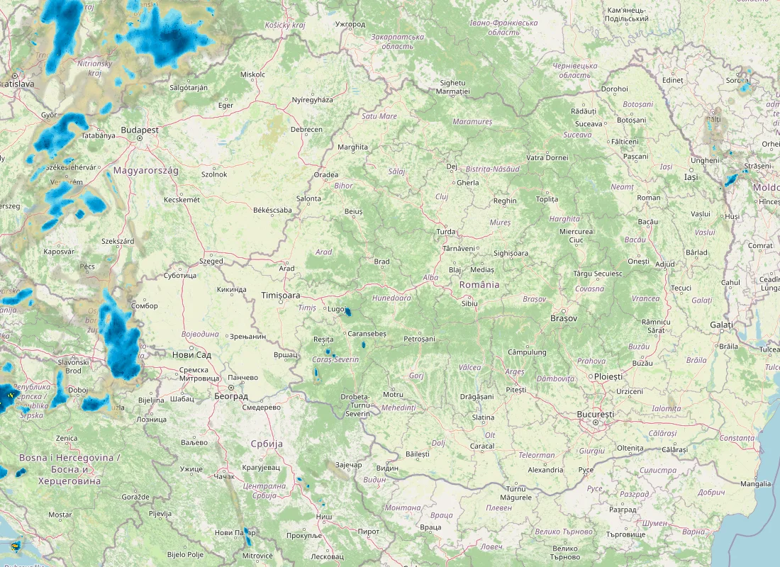 Hartă radar RainViewer cu precipitațiile din România pentru buletinul Meteo agricol România de la ora 12:00.