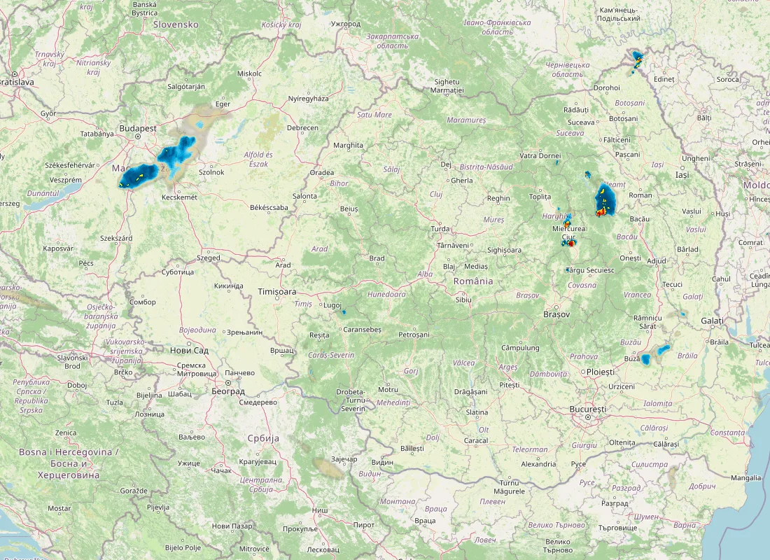 Hartă radar RainViewer cu precipitațiile din România pentru buletinul Meteo agricol România de la ora 12:00.