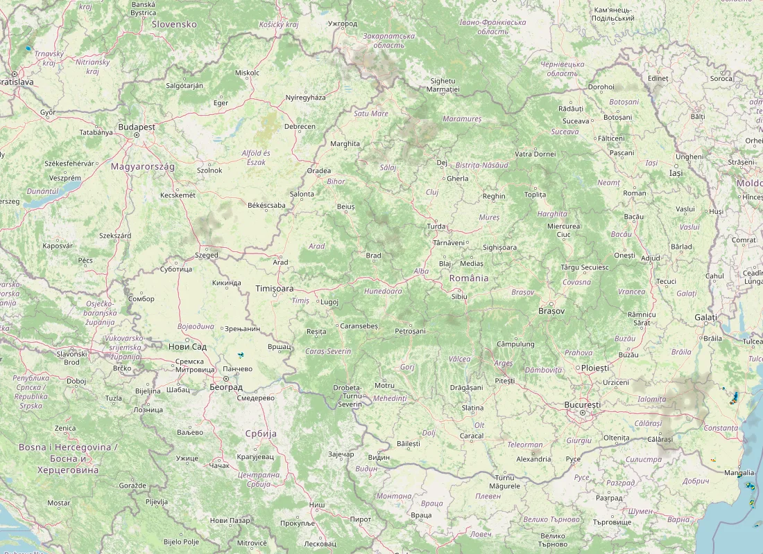 Hartă radar RainViewer cu precipitațiile din România pentru buletinul Meteo agricol România de la ora 05:00.