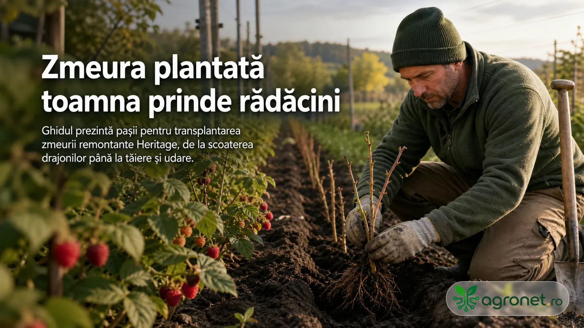 Grădinar îngenuncheat plantează lăstari de zmeură pe un rând de sol afânat, lângă plante cu fructe roșii.