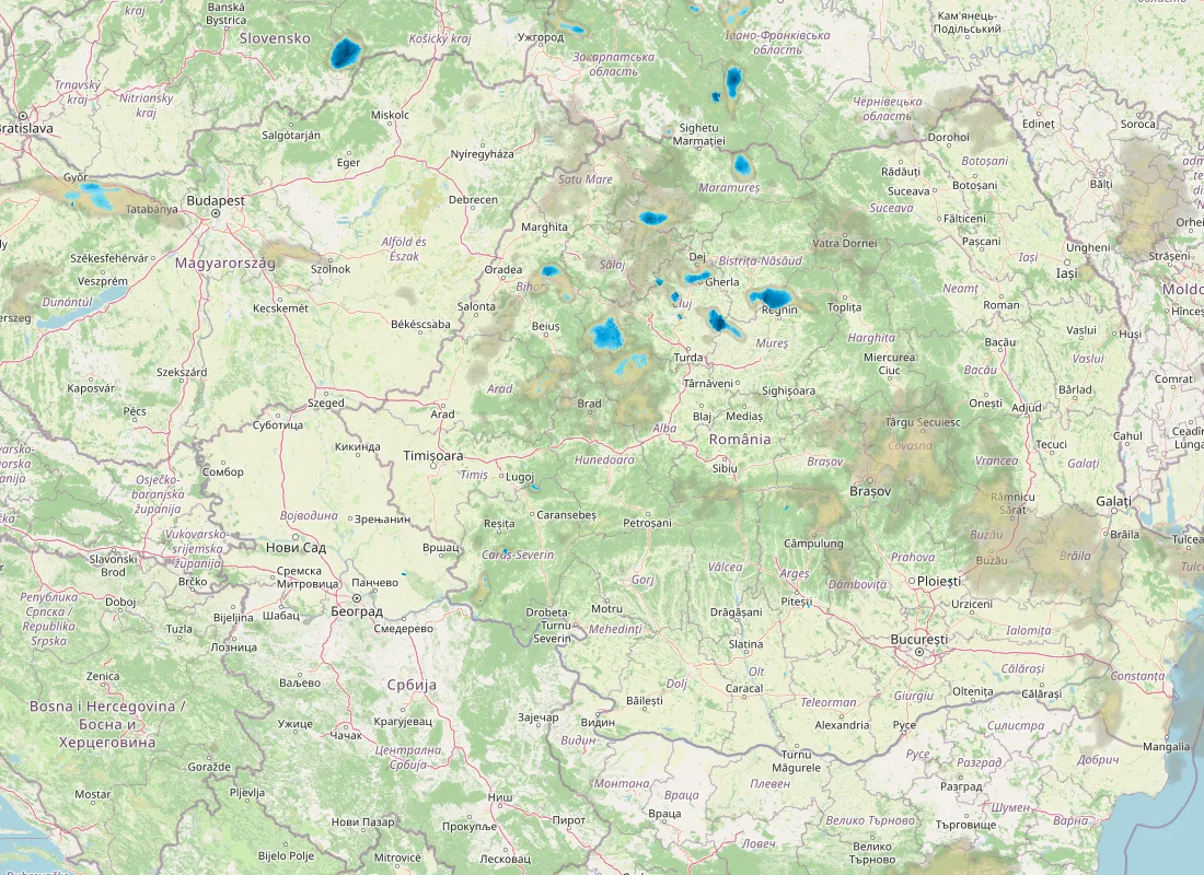 Hartă radar RainViewer cu precipitațiile din România pentru buletinul Meteo agricol România de la ora 05:00.