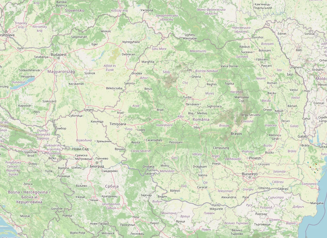 Hartă radar RainViewer cu precipitațiile din România pentru buletinul Meteo agricol România de la ora 05:00.