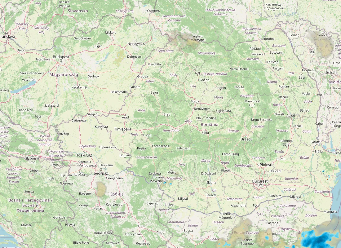 Hartă radar RainViewer cu precipitațiile din România pentru buletinul Meteo agricol România de la ora 05:00.