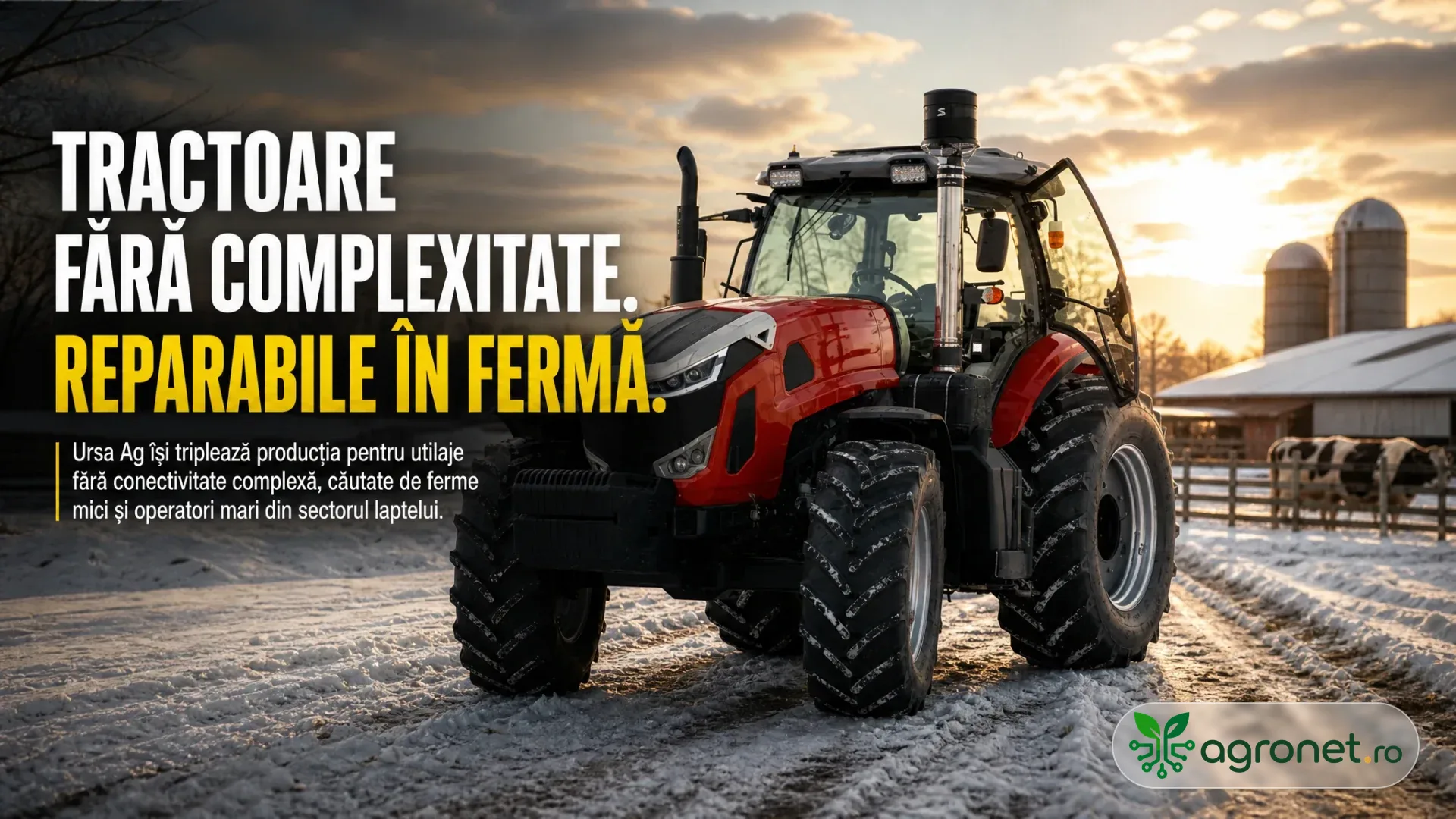 Tractor agricol roșu pe un drum înzăpezit, lângă adăposturi, silozuri și vaci.