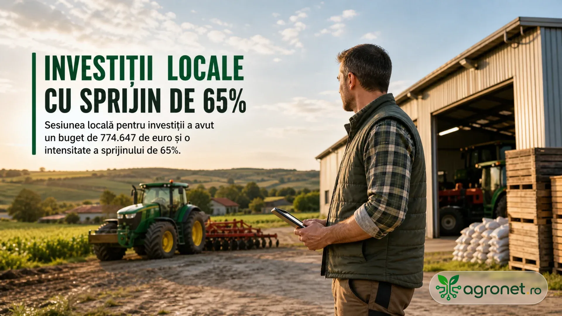 Fermier analizând o zonă de lucru dintr-o exploatație agricolă, lângă utilaje și spații de producție