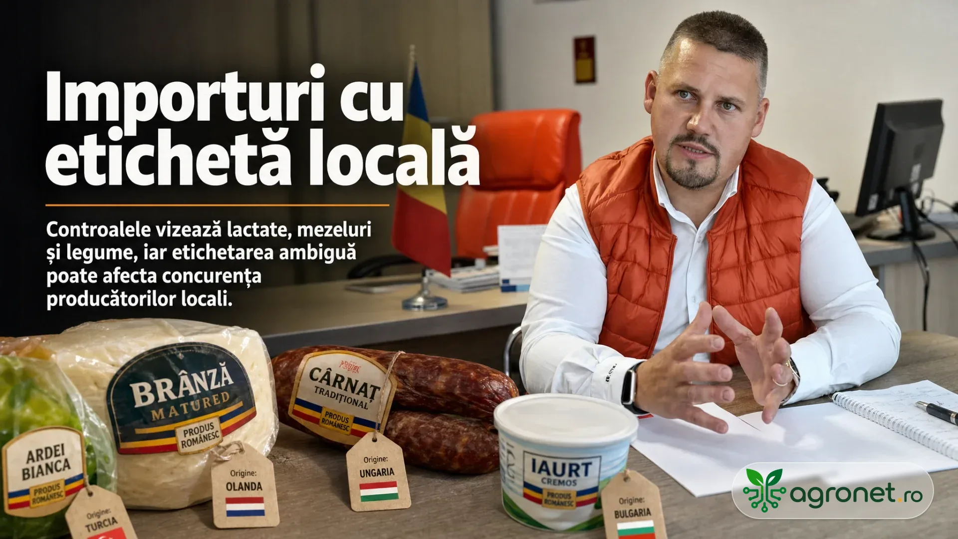 Bărbat la birou lângă ambalaje de brânză, cârnați, iaurt și ardei cu etichete de origine diferite.