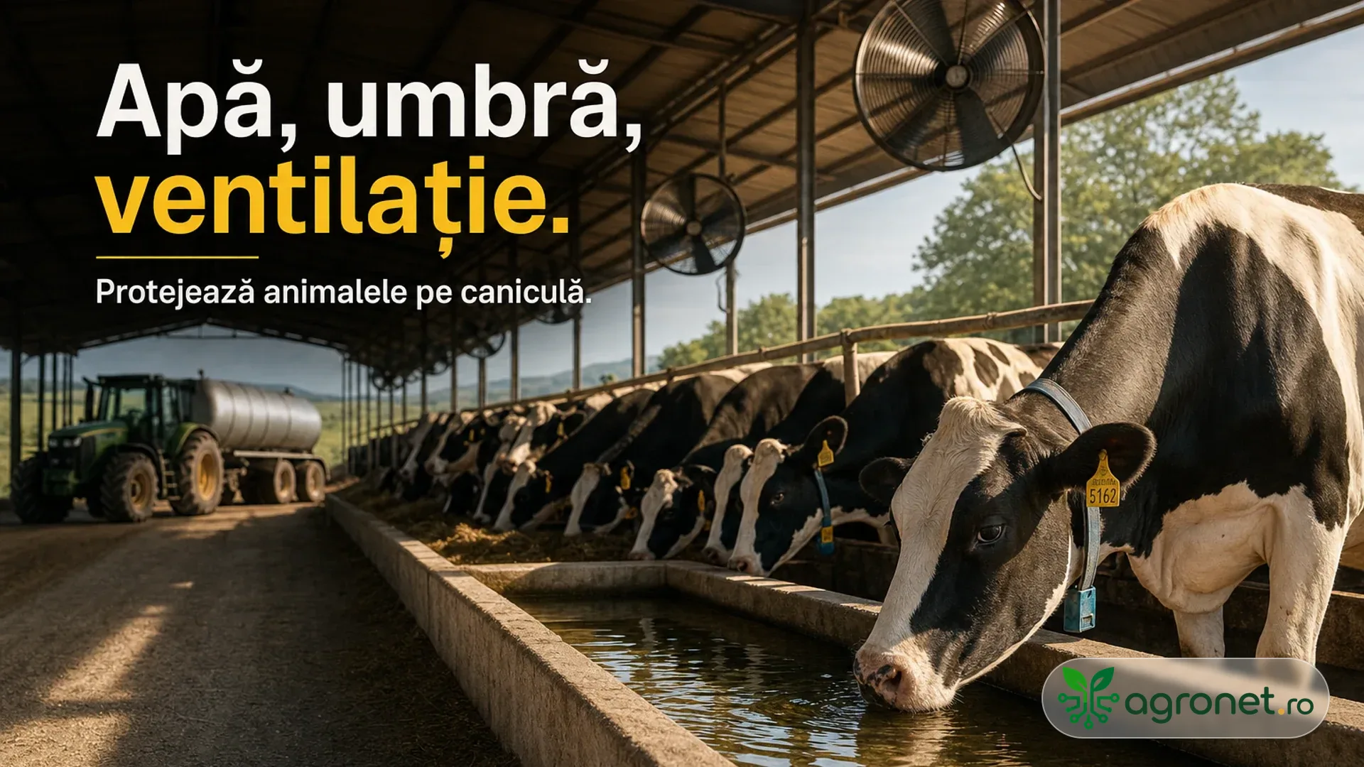 Vaci de lapte într-un adăpost acoperit, cu ventilatoare montate deasupra și adăpătoare cu apă în prim-plan.