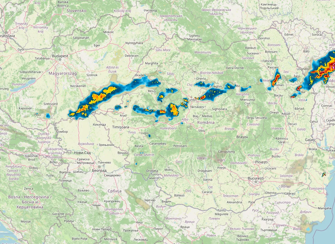 Hartă radar RainViewer cu precipitațiile din România pentru buletinul Meteo agricol România de la ora 21:00.