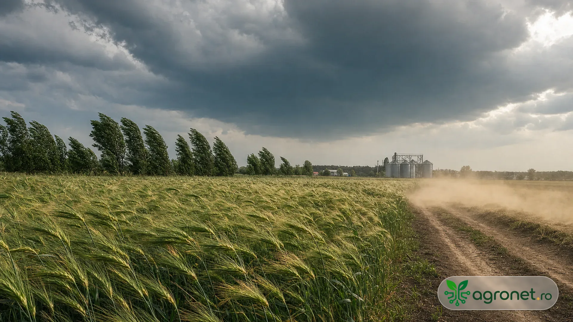 Câmp agricol în lumină puternică, cu vânt și temperaturi ridicate