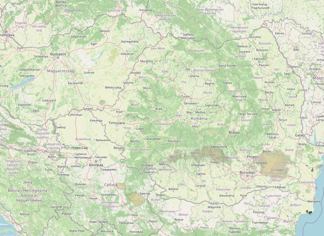 Hartă radar RainViewer cu precipitațiile din România pentru buletinul Meteo agricol România de la ora 21:00.