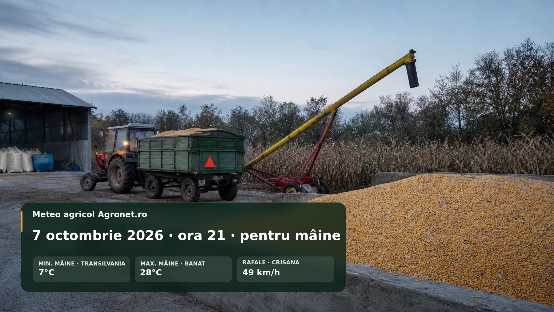 Utilaj agricol pe câmp într-o dimineață de octombrie, pregătit pentru lucrări de toamnă