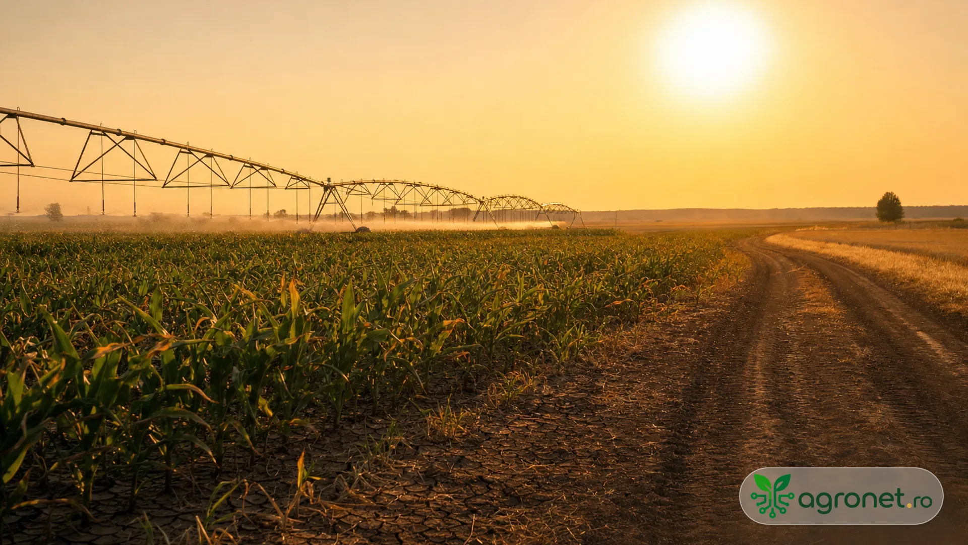 Câmp agricol însorit în condiții de caniculă, spre finalul zilei