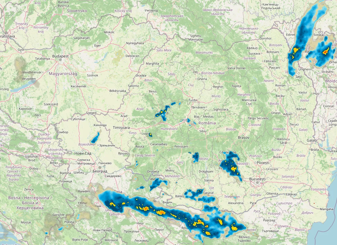 Hartă radar RainViewer cu precipitațiile din România pentru buletinul Meteo agricol România de la ora 21:00.