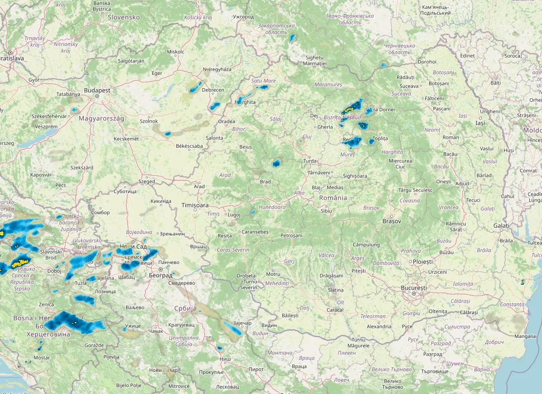 Hartă radar RainViewer cu precipitațiile din România pentru buletinul Meteo agricol România de la ora 12:00.