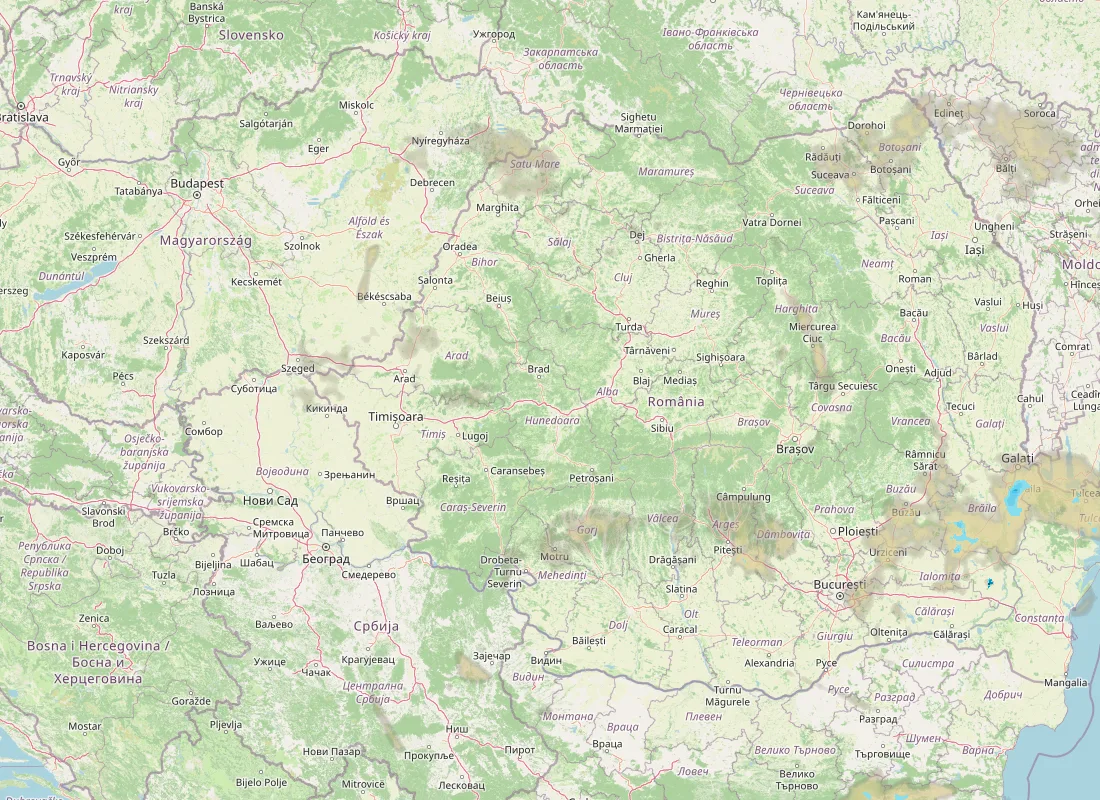Hartă radar RainViewer cu precipitațiile din România pentru buletinul Meteo agricol România de la ora 21:00.