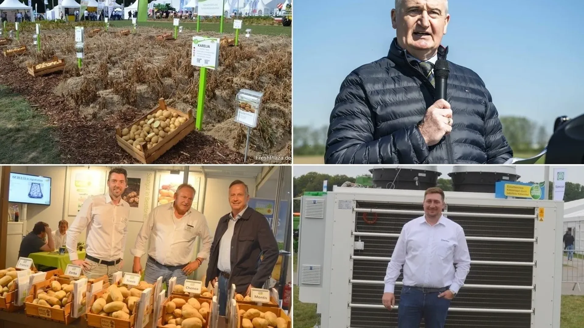 Colaj cu standuri de cartofi, parcele demonstrative, vorbitori și echipamente agricole la o expoziție în aer liber.