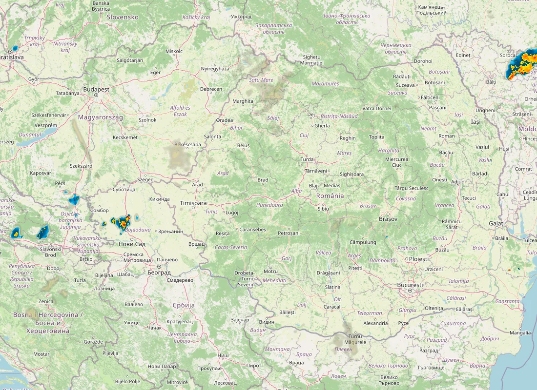Hartă radar RainViewer cu precipitațiile din România pentru buletinul Meteo agricol România de la ora 05:00.