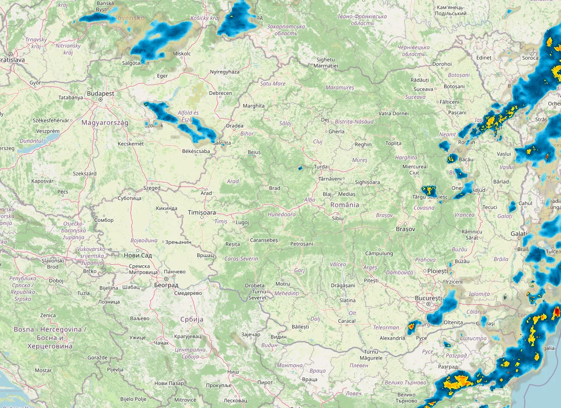 Hartă radar RainViewer cu precipitațiile din România pentru buletinul Meteo agricol România de la ora 12:00.