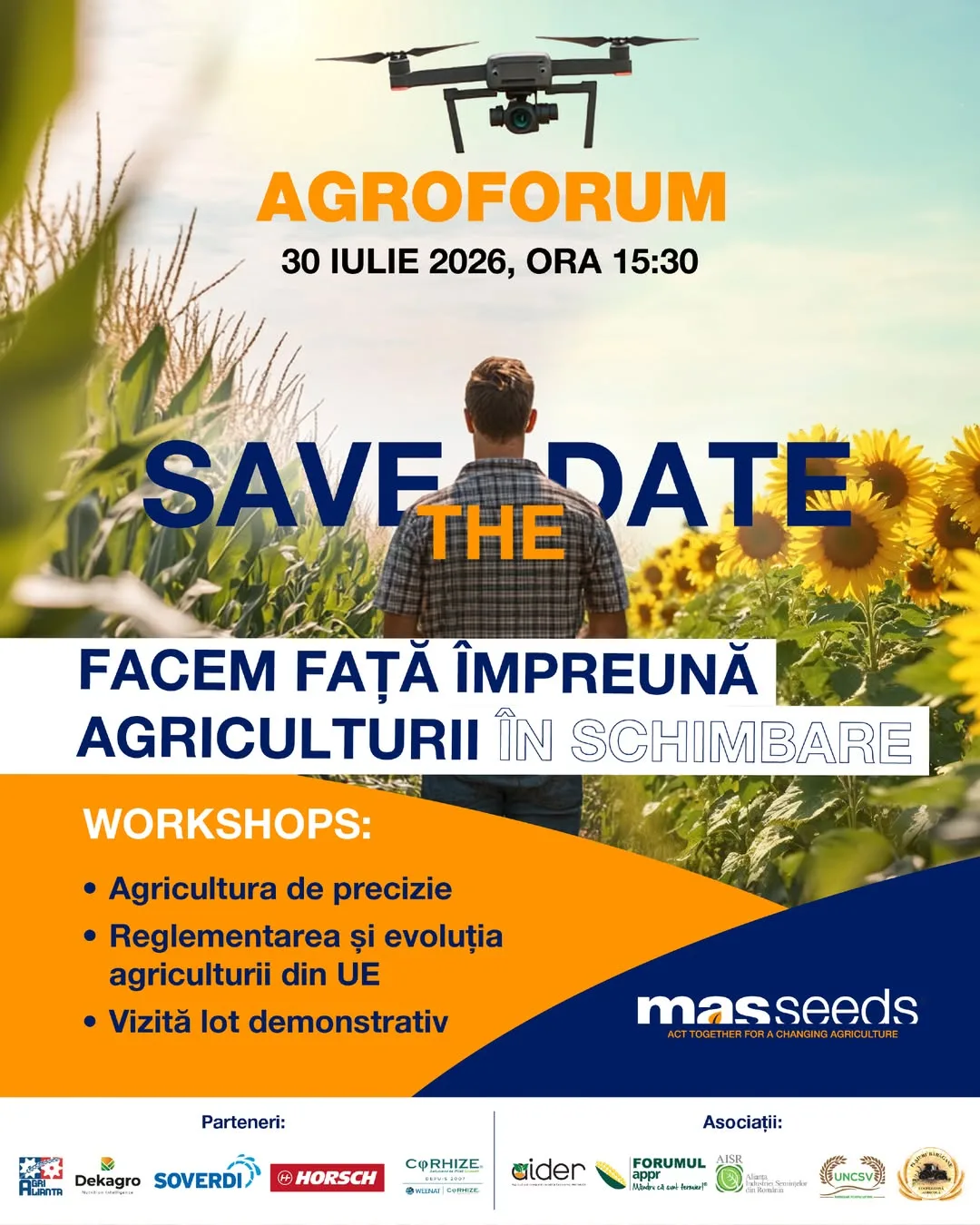Afiș AGROFORUM 2026 cu dronă deasupra culturilor de porumb și floarea-soarelui