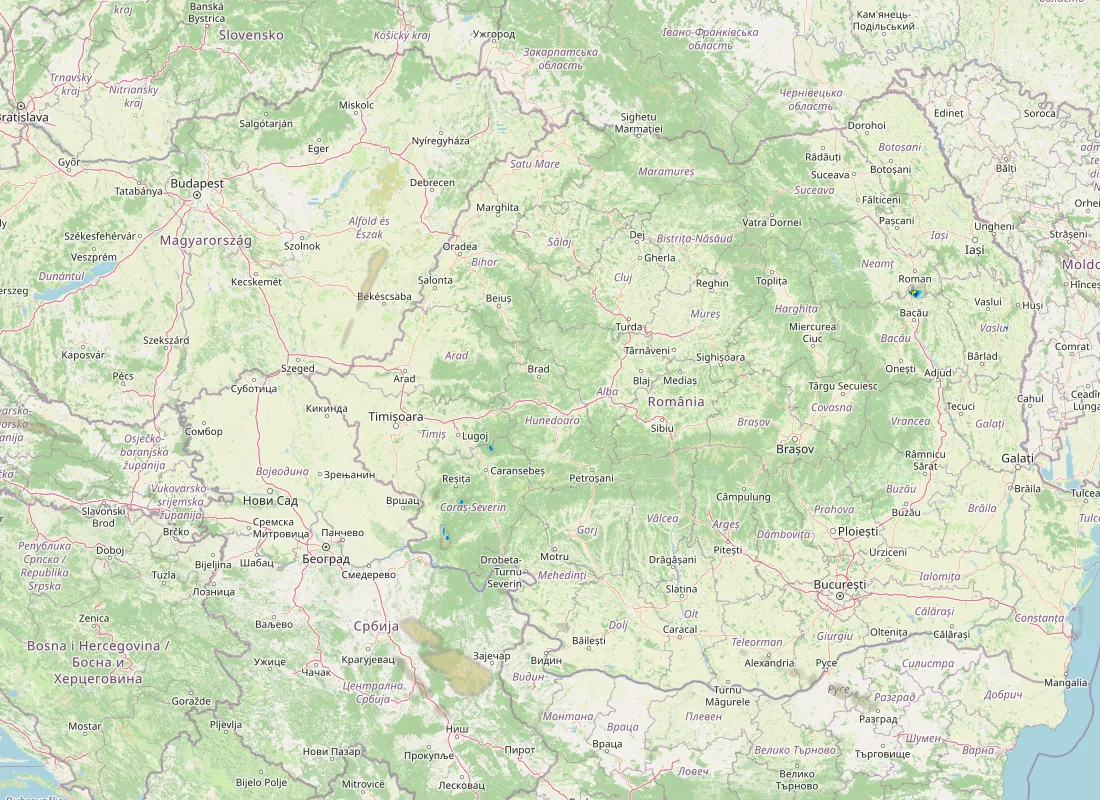 Hartă radar RainViewer cu precipitațiile din România pentru buletinul Meteo agricol România de la ora 18:00.
