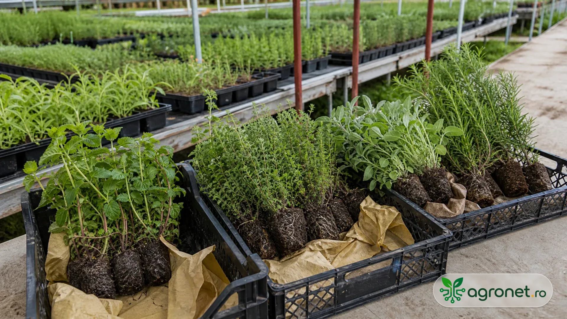 Lot de plante aromatice în ghivece, recepționat într-o zonă curată a unei pepiniere, cu tăvi separate și etichete de lot vizibile discret.