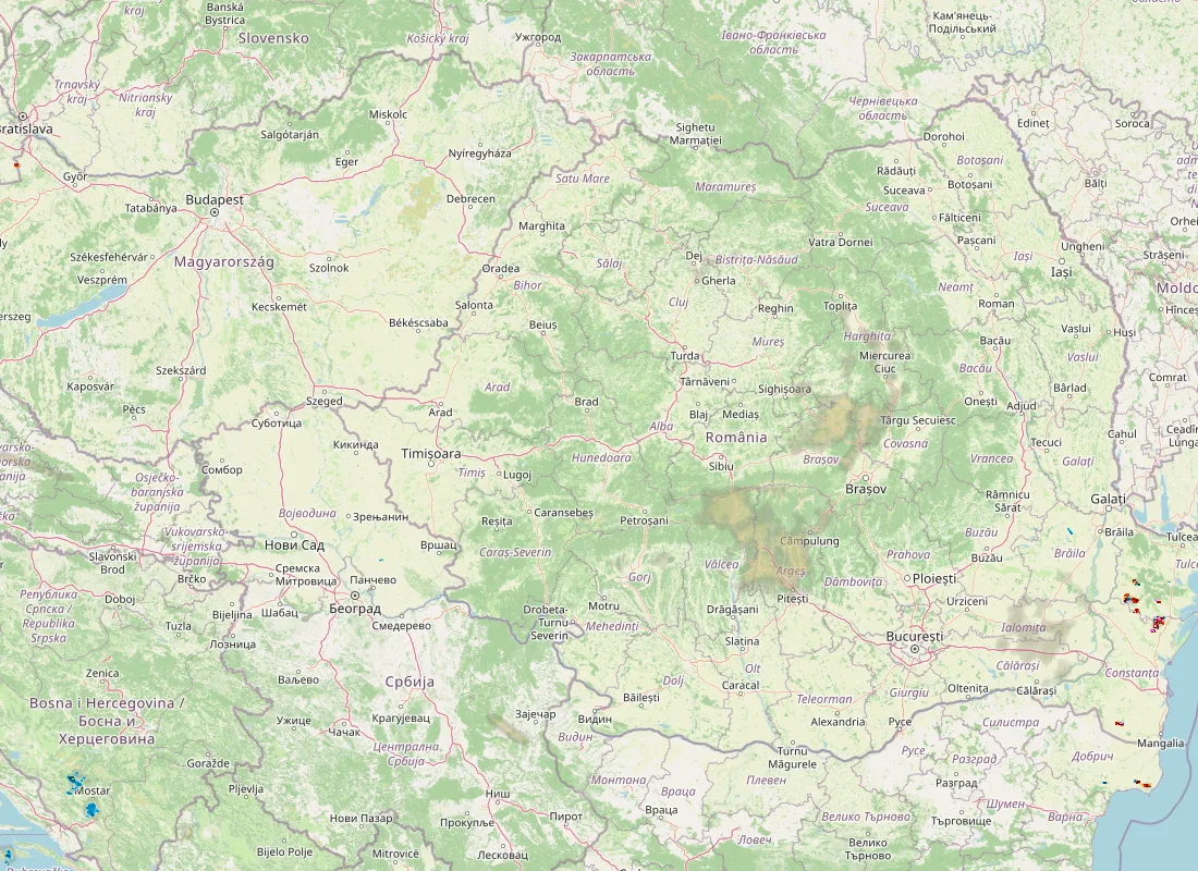 Hartă radar RainViewer cu precipitațiile din România pentru buletinul Meteo agricol România de la ora 05:00.