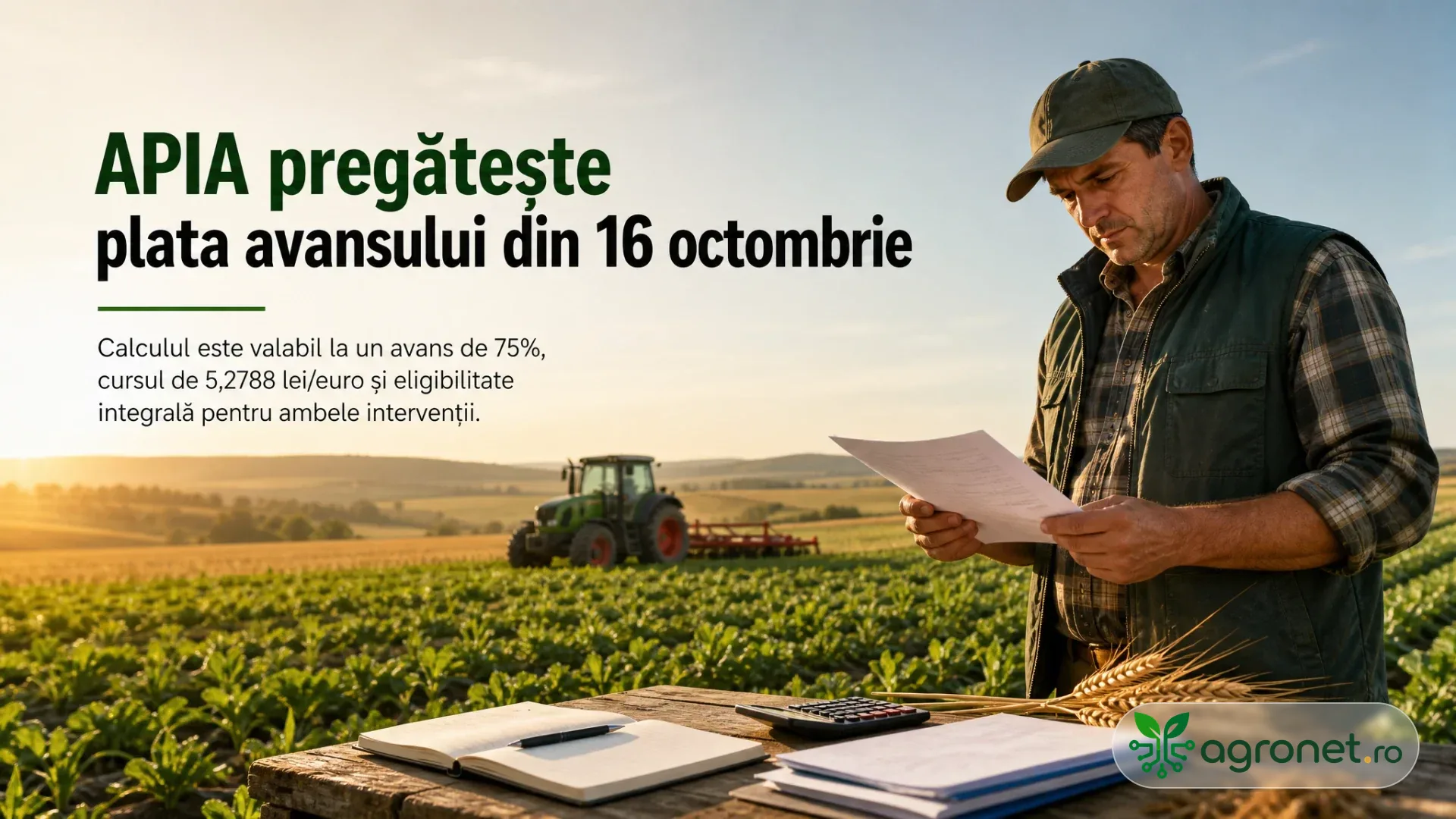 Fermier într-un câmp cultivat, ținând documente, cu un tractor în fundal și acte pe o masă.