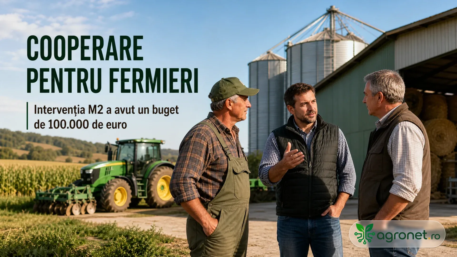 Fermieri discutând în apropierea unor utilaje agricole, într-o zonă rurală