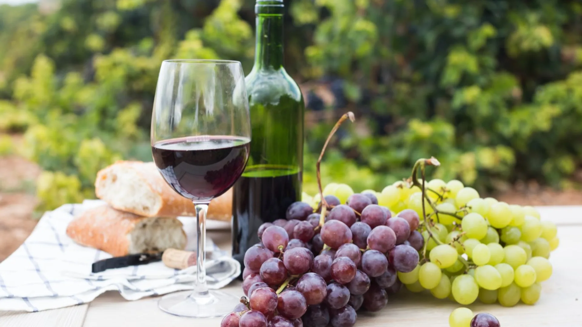 Pahăr cu vin roșu, sticlă, ciorchini de struguri și pâine pe o masă, cu viță-de-vie în fundal.