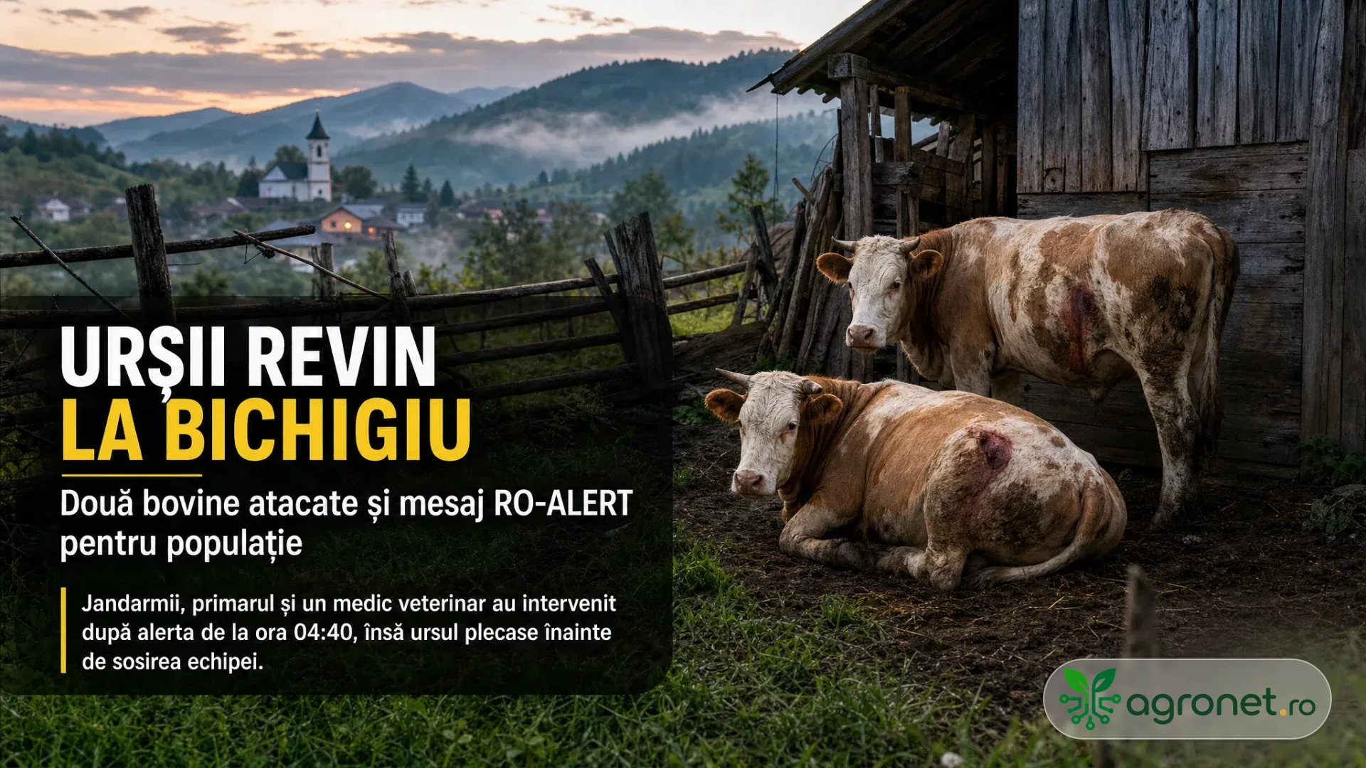 Două bovine cu răni vizibile stau lângă un adăpost din lemn, într-o gospodărie rurală de munte.
