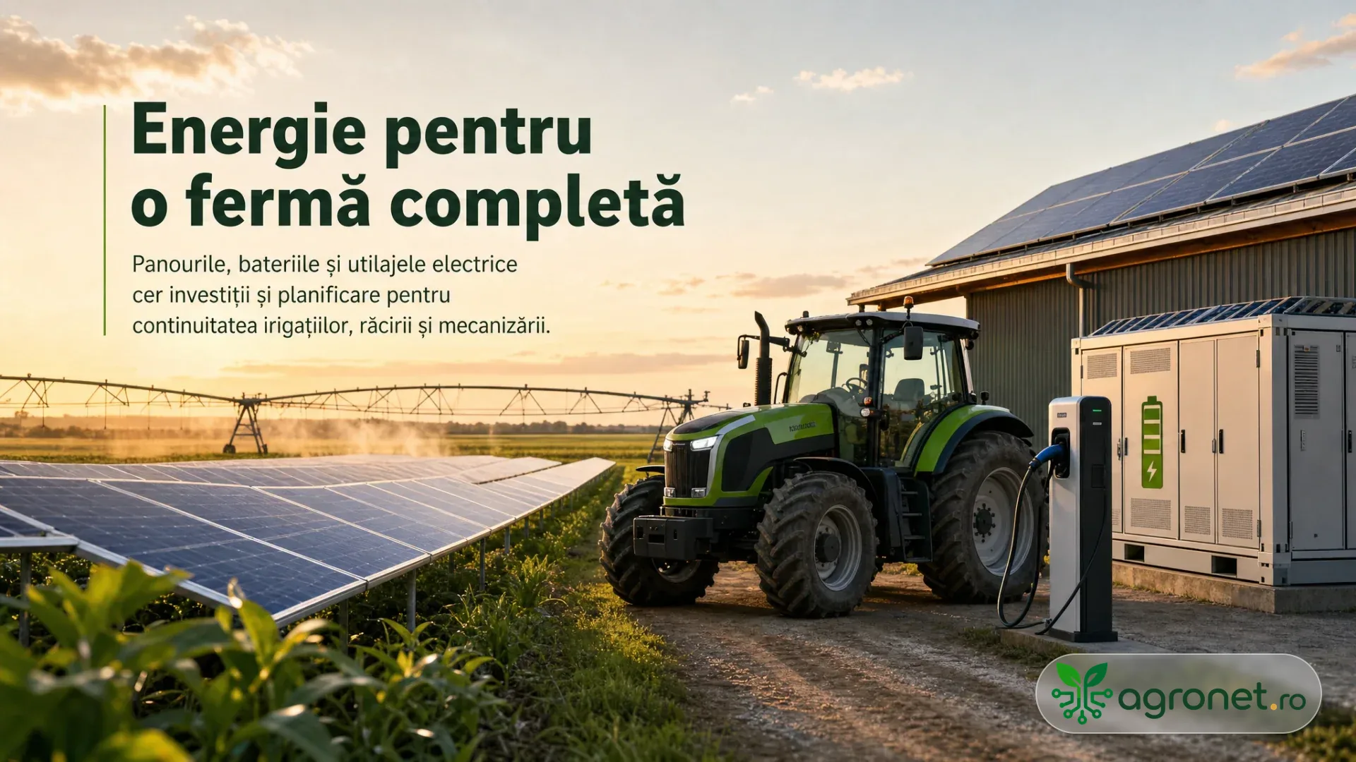Tractor la o stație de încărcare lângă panouri fotovoltaice, baterii și o hală agricolă, cu instalații de irigații pe câmp.