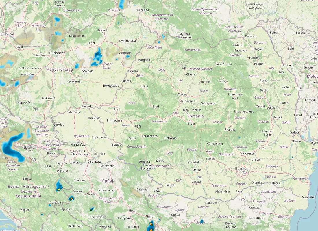 Hartă radar RainViewer cu precipitațiile din România pentru buletinul Meteo agricol România de la ora 18:00.
