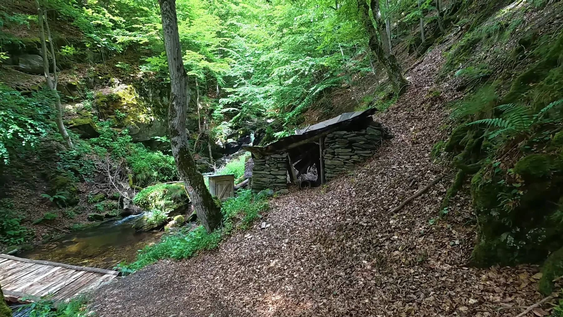 Adăpost de piatră lângă pârâu, pe potecă umbrită de pădure