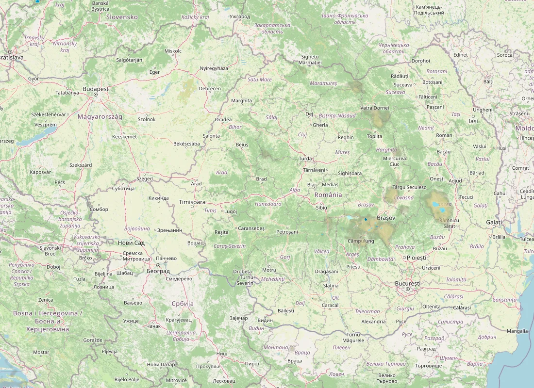 Hartă radar RainViewer cu precipitațiile din România pentru buletinul Meteo agricol România de la ora 05:00.