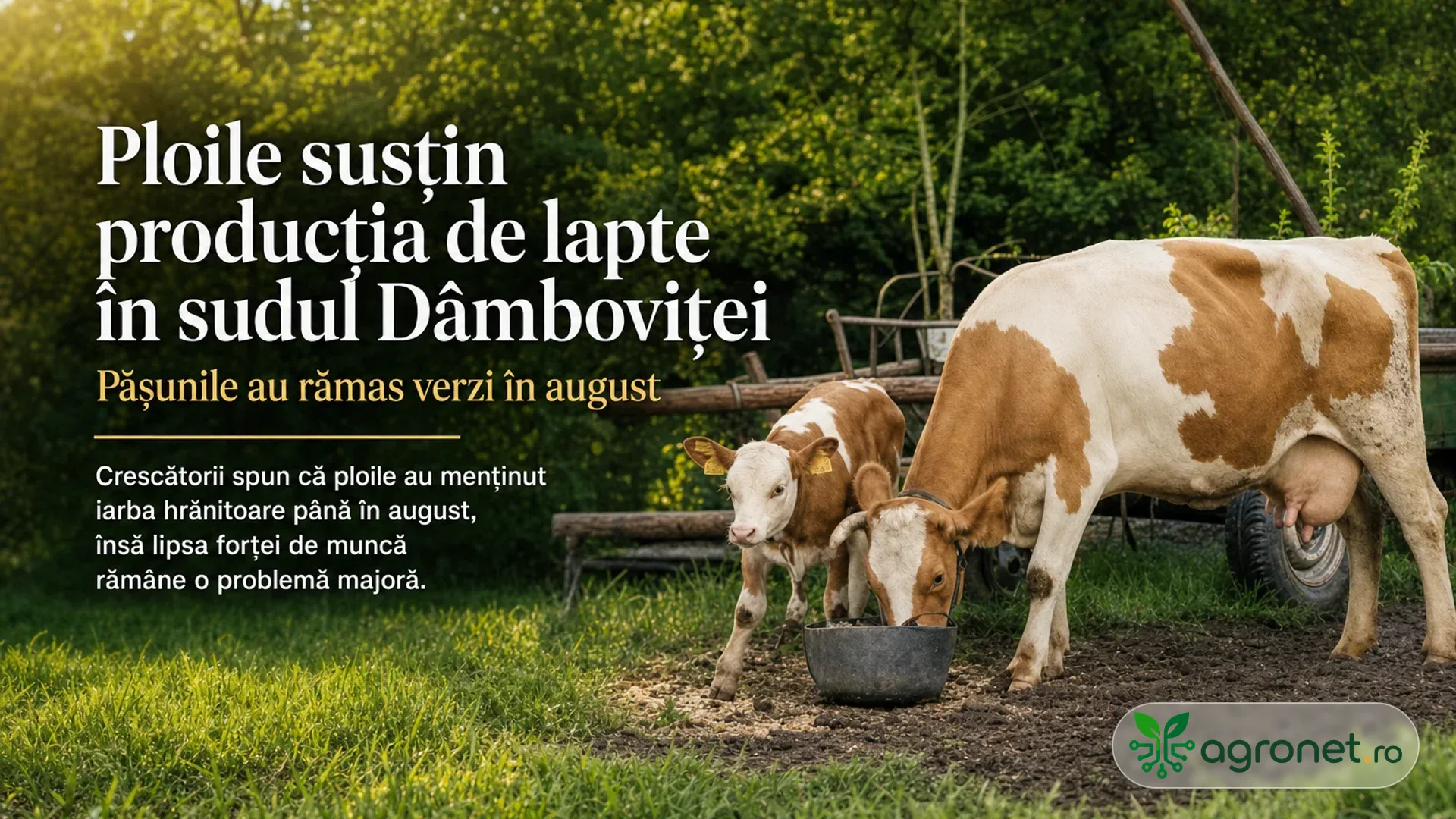 O vacă alb-maronie și un vițel stau lângă un recipient de hrană, pe o pășune verde, cu arbori în fundal.