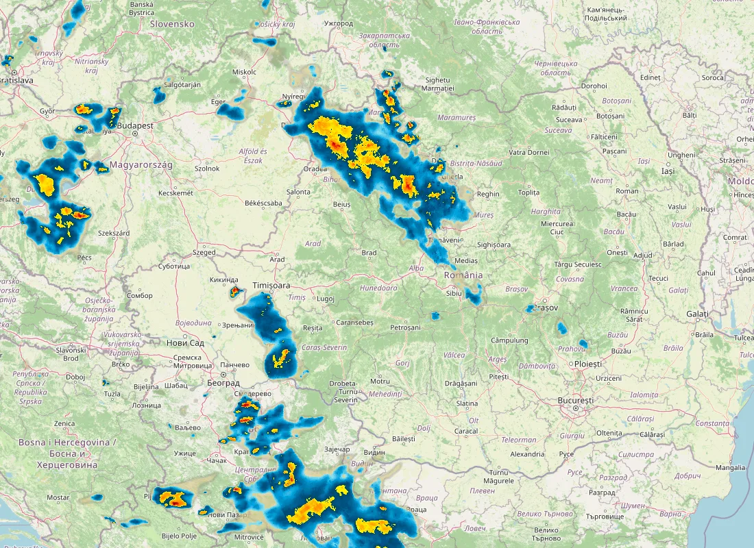 Hartă radar RainViewer cu precipitațiile din România pentru buletinul Meteo agricol România de la ora 05:00.
