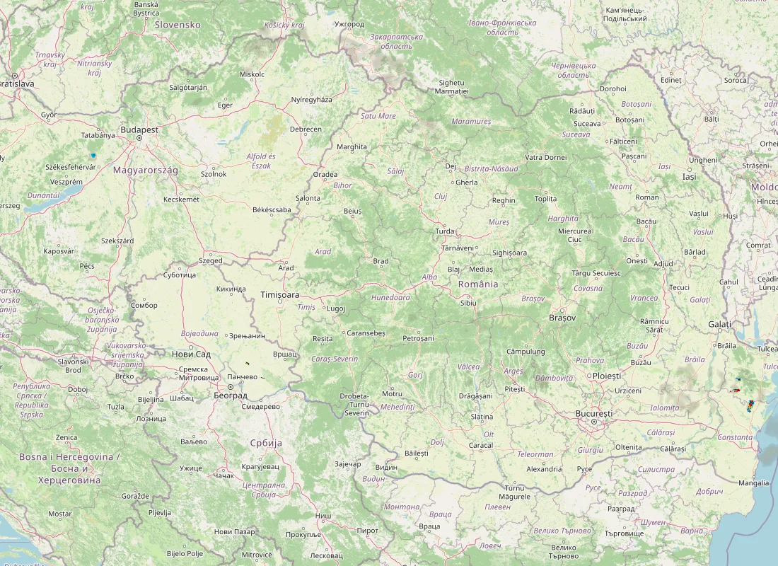 Hartă radar RainViewer cu precipitațiile din România pentru buletinul Meteo agricol România de la ora 05:00.