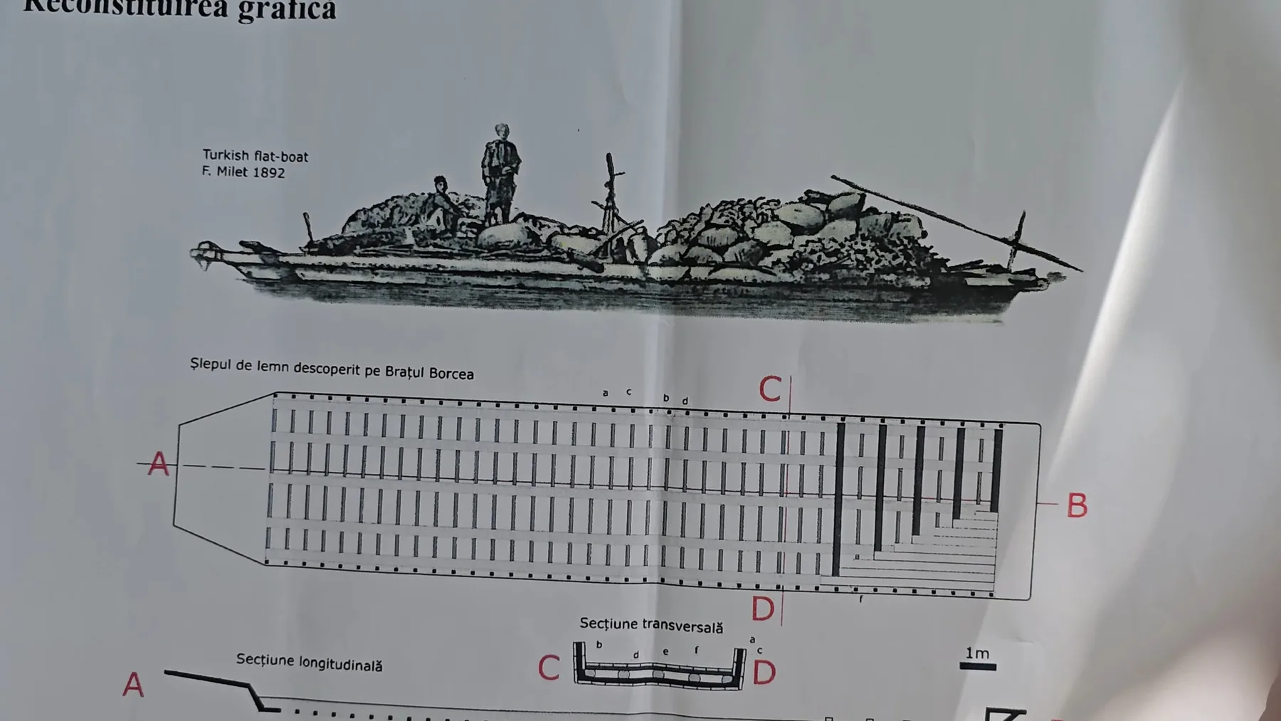 Reconstituire grafică a șlepului din lemn, cu plan și secțiuni marcate