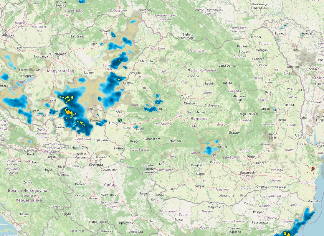 Hartă radar RainViewer cu precipitațiile din România pentru buletinul Meteo agricol România de la ora 05:00.