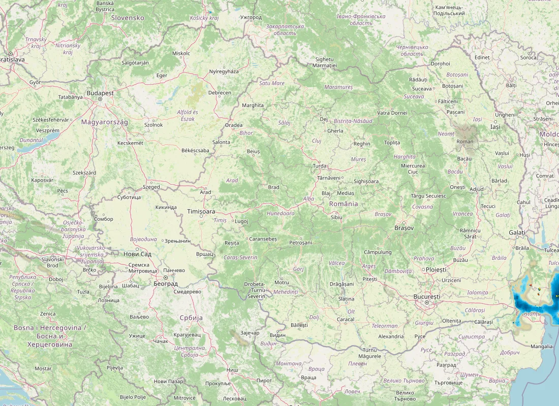 Hartă radar RainViewer cu precipitațiile din România pentru buletinul Meteo agricol România de la ora 12:00.