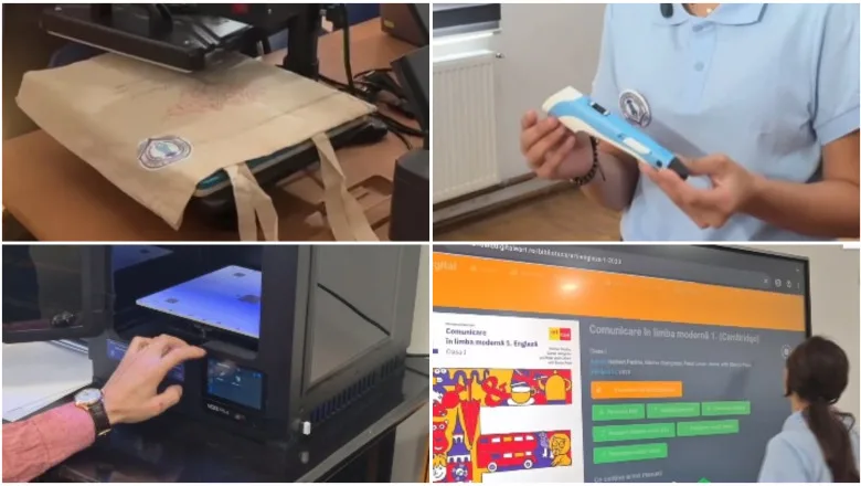 Elevi folosesc imprimantă 3D și tablă interactivă într-un laborator școlar
