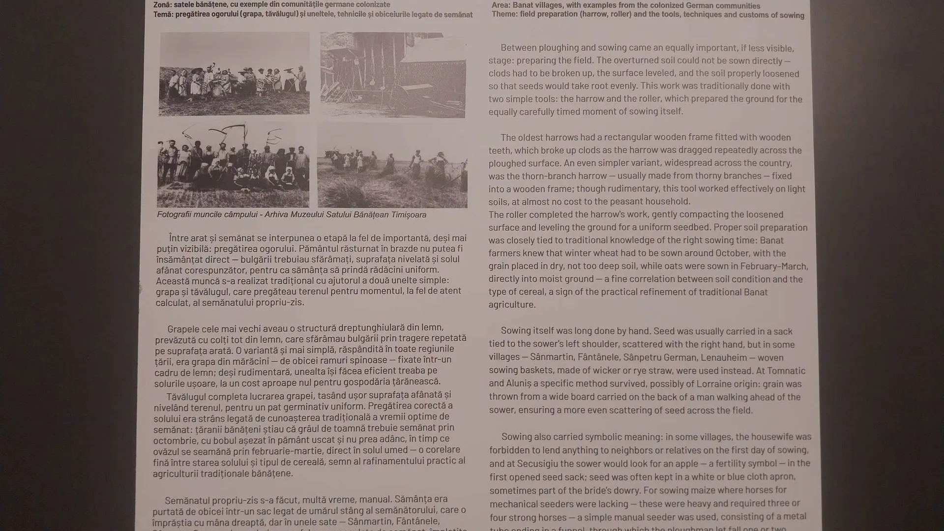 Panou informativ cu texte și fotografii istorice despre munca agricolă