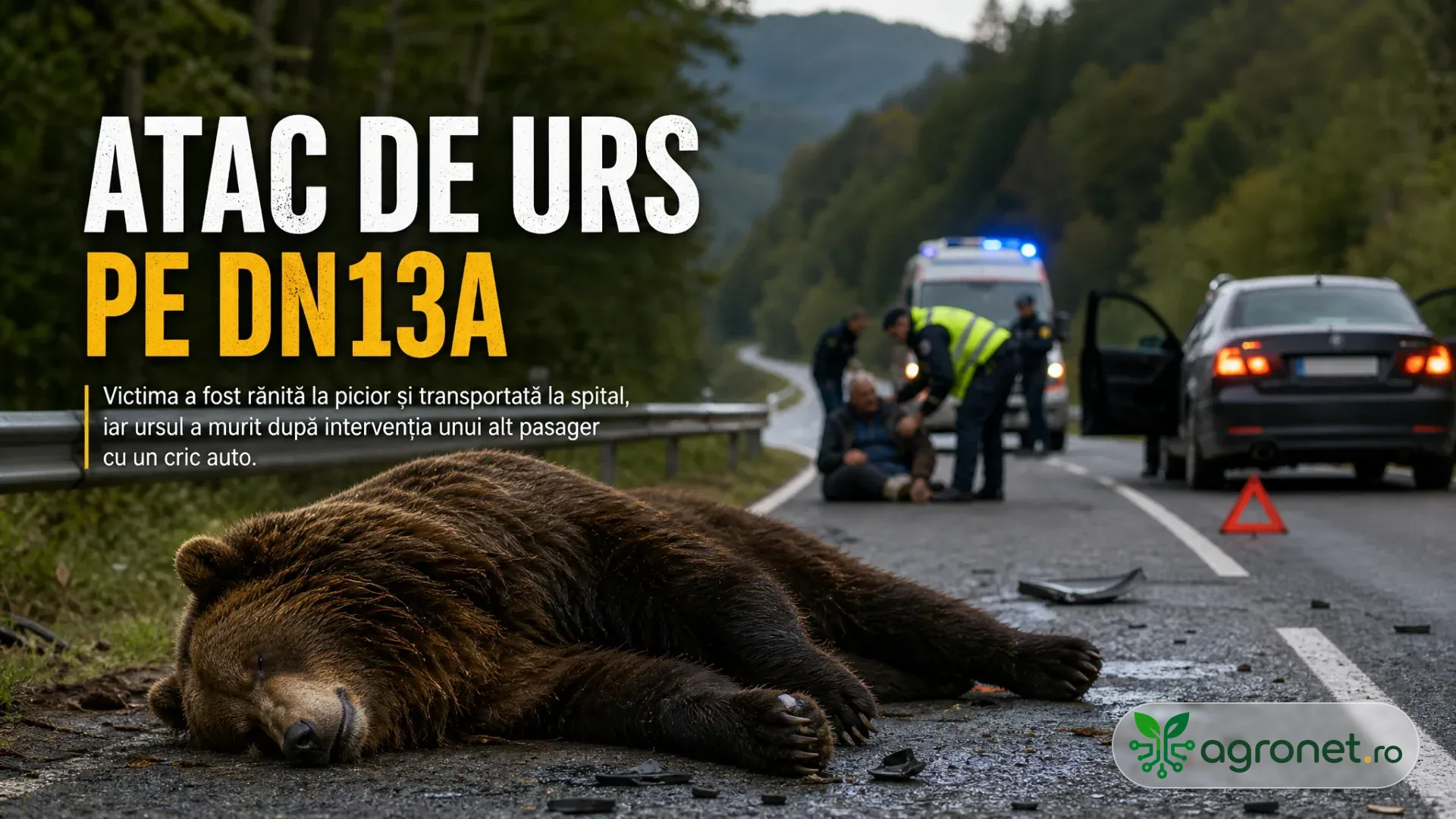 Un urs brun zace pe carosabil, lângă resturi de plastic, o mașină oprită și echipaje de intervenție pe un drum prin pădure.