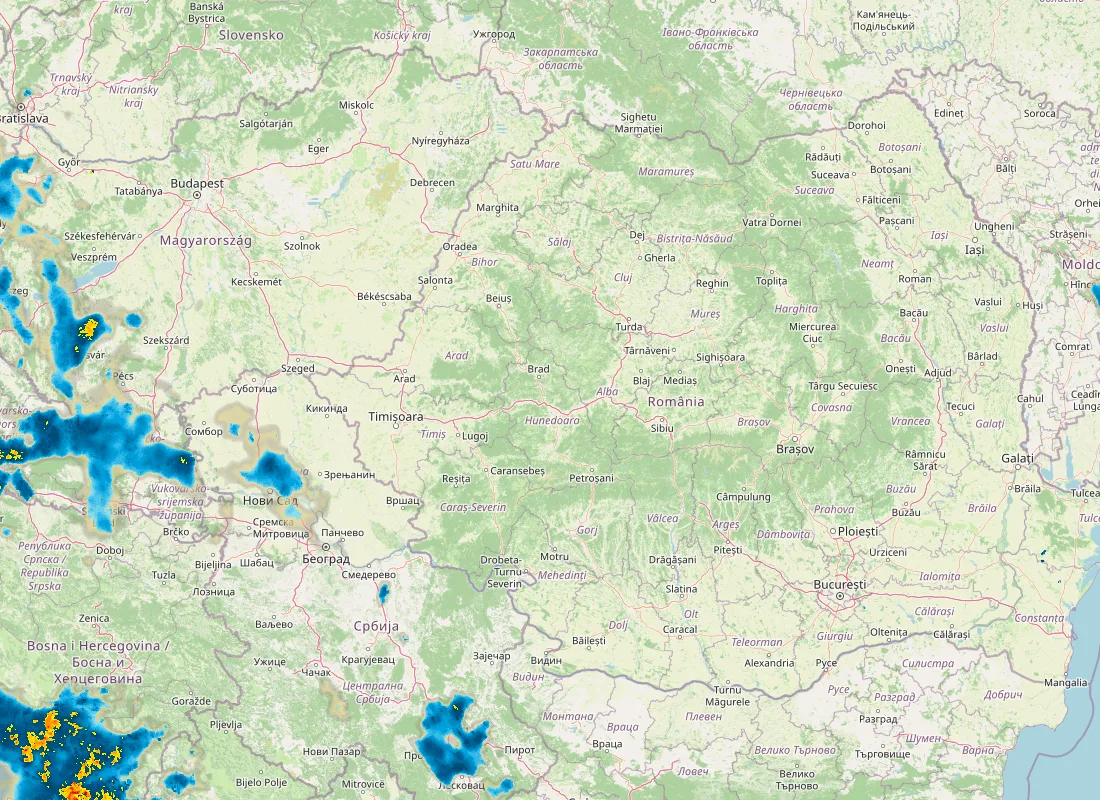 Hartă radar RainViewer cu precipitațiile din România pentru buletinul Meteo agricol România de la ora 18:00.